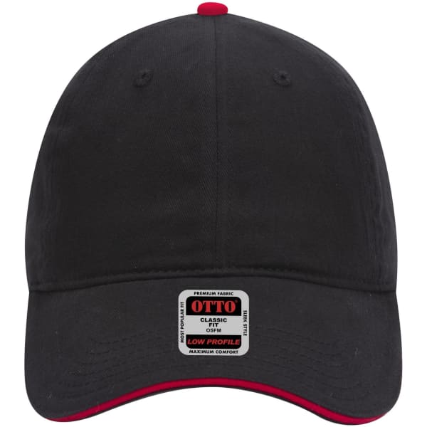 A black low-profile baseball cap with a red brim and a logo on the front.