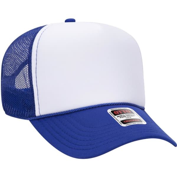 A blue and white 5 panel mid-profile trucker cap with a mesh back and an attached logo.