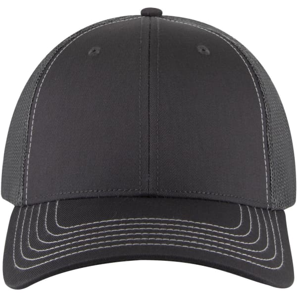 A low profile trucker cap in black with contrasting stitching and a mesh back. It features a logo on the front.