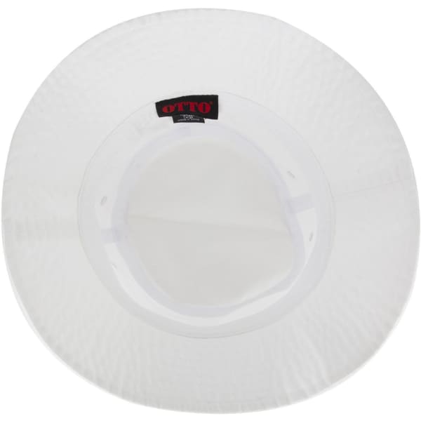 A white bucket hat featuring a wide brim and an internal band, with a logo inside.