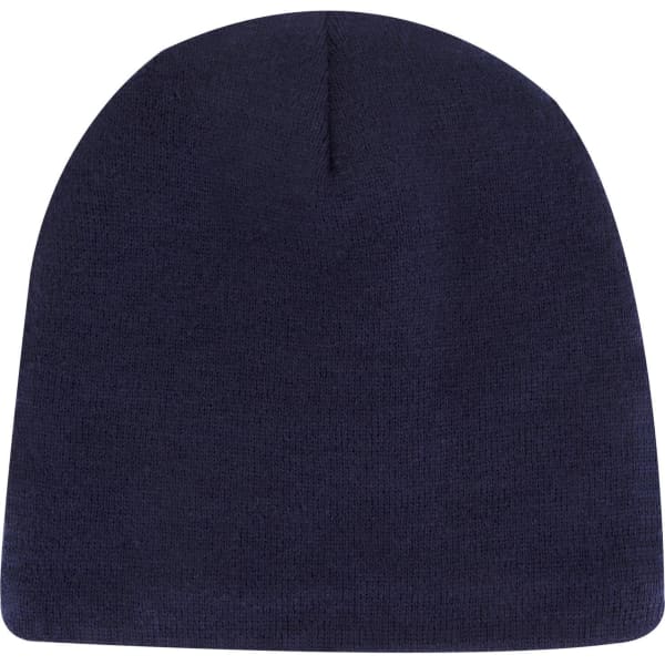 A navy blue classic knit beanie with a simple design and a logo.
