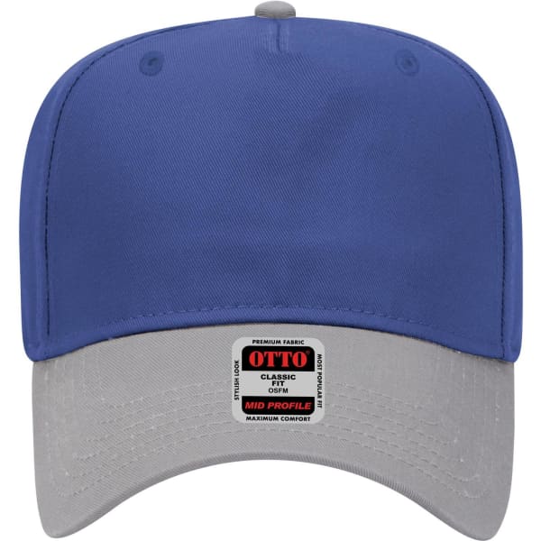 A blue 5 Panel Mid Crown Baseball Cap with a grey brim, featuring a logo on the front.