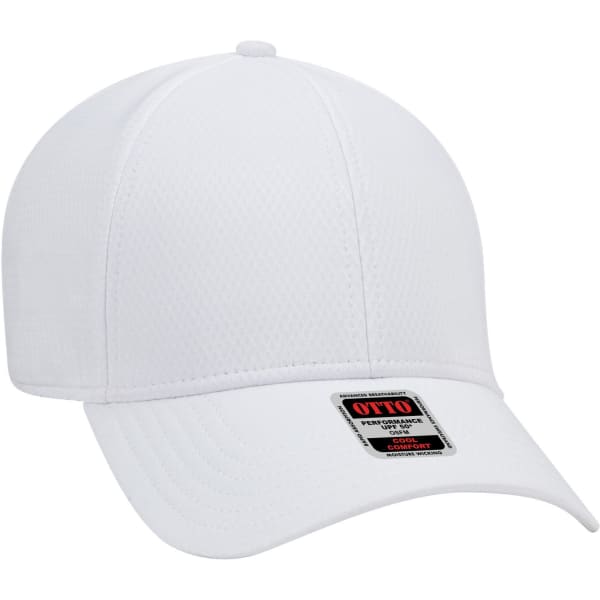 A white UPF 50+ six-panel low profile baseball cap featuring a logo on the front.