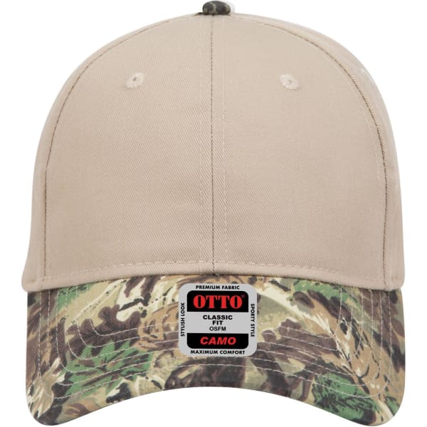 A beige and camo-patterned six-panel low profile baseball cap with a logo on the front.