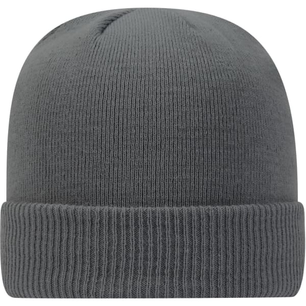 A grey classic knit beanie featuring a rolled cuff and a textured knit design. It has a logo on the side.
