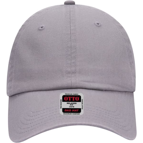 A grey six-panel low-profile dad cap with a logo and adjustable strap at the back.