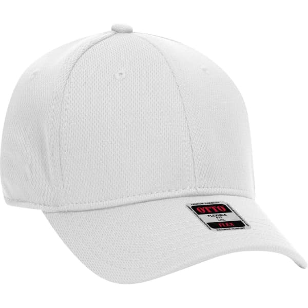 A white six-panel low profile baseball cap with a branded tag. It features a flexible fit design.