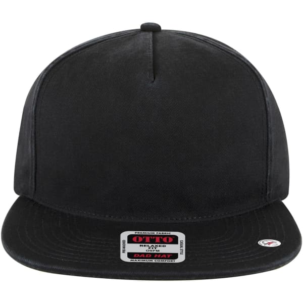 A black 5 panel low profile dad cap featuring a flat peak and a front logo label.