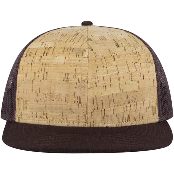 A 6 panel mid profile trucker cap featuring a cork front and dark brown mesh sides with a flat brim.