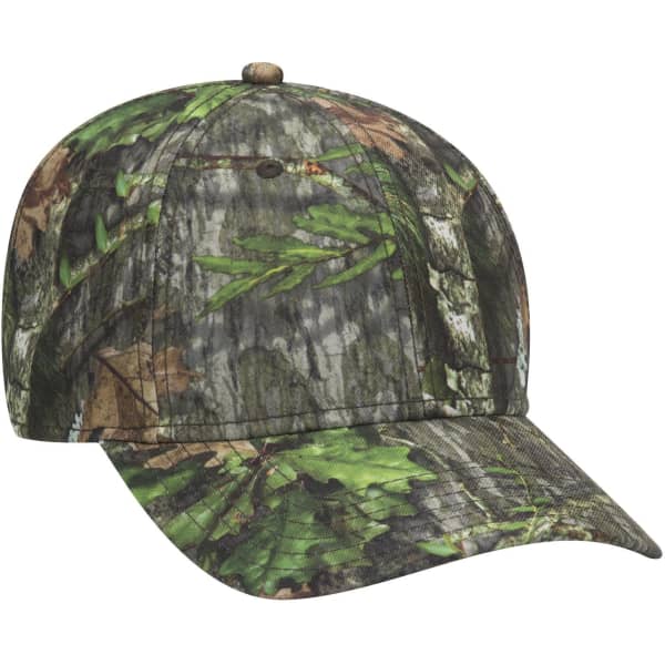 A camo-patterned 6 panel low profile baseball cap featuring shades of green and brown with a branding logo.