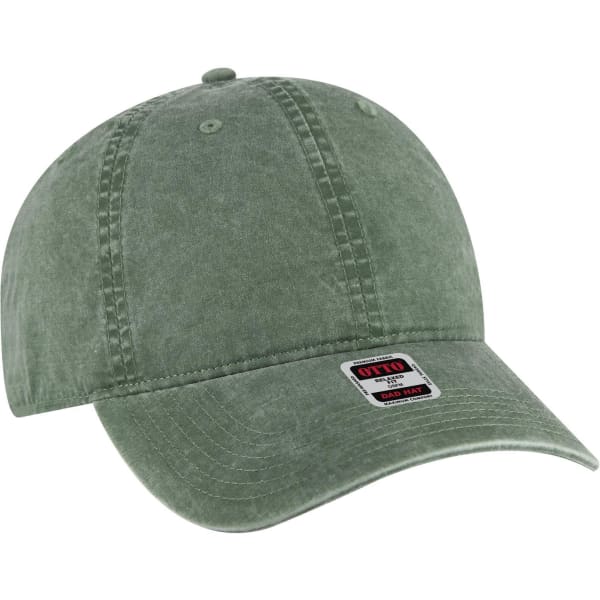 A green 6-panel low-profile dad cap with a logo tag. The fabric has a textured, worn appearance.