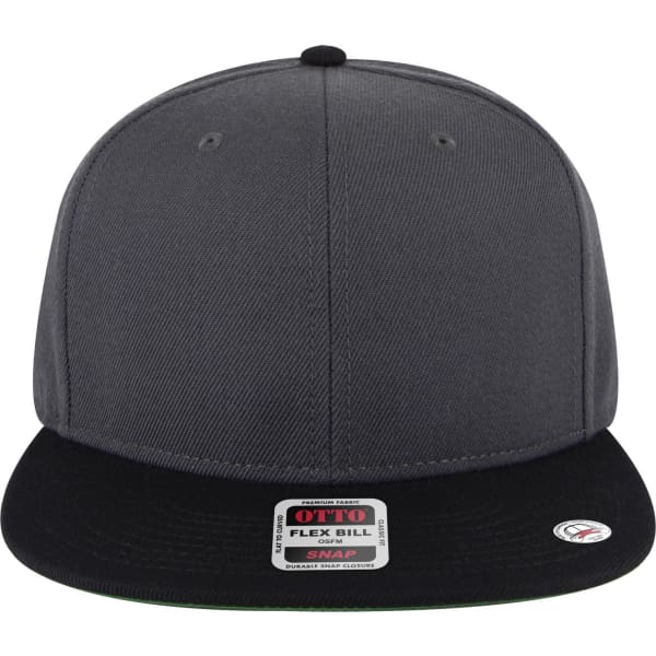 A mid-profile snapback cap in grey with a black bill and green undervisor, featuring a logo on the front.