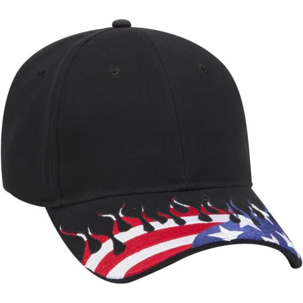 A black low profile baseball cap featuring a flame design and an American flag pattern on the brim, with a logo.