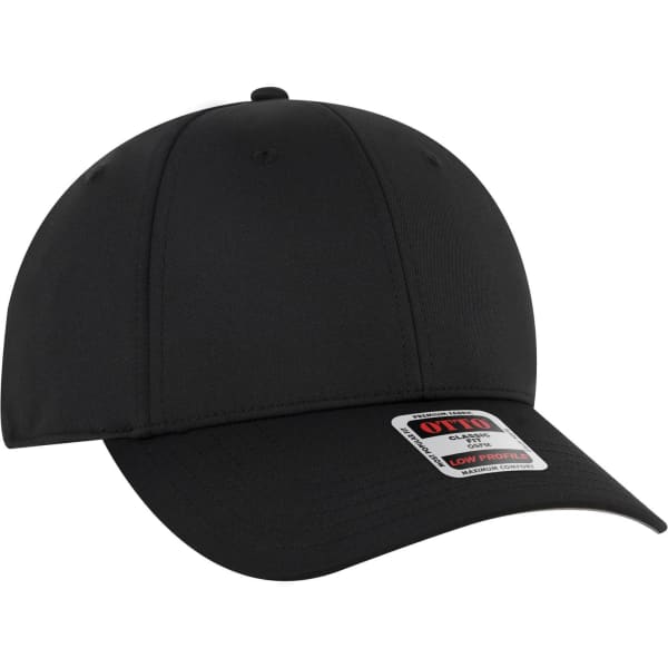 A black 6 panel low profile baseball cap with a curved brim and a logo on the side.