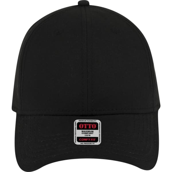 A black six-panel low profile baseball cap with a logo tag on the front.