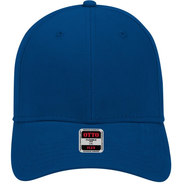A blue 6-panel low profile baseball cap featuring a branded label on the front.