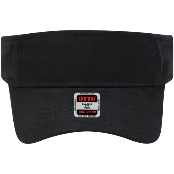 A black sun visor with a wide brim and a logo label at the front.