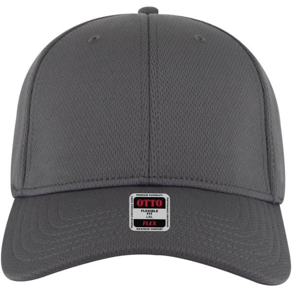 A grey, low-profile, six-panel baseball cap with a flexible fit and a logo on the front.