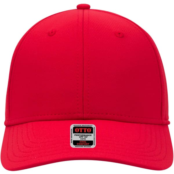 A red UPF 50+ 6 panel low profile baseball cap with a logo on the front.