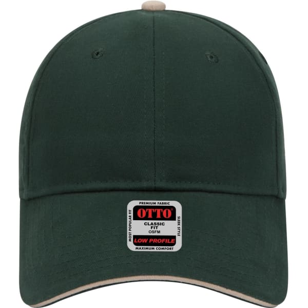 A dark green low profile baseball cap with a light-coloured brim and a logo on the front.