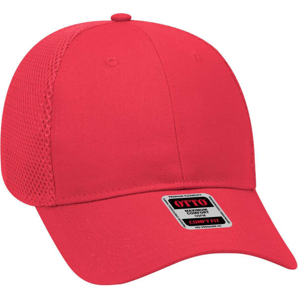 A red six-panel low-profile baseball cap with mesh detailing and a logo on the front.