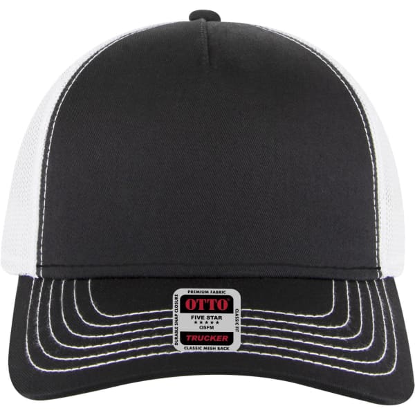 A black and white 5 Panel Low Profile Trucker Cap with a logo on the front and contrasting stitching.