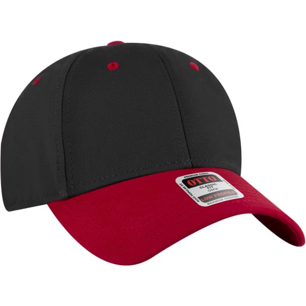 A black and red 6-panel low profile baseball cap featuring a logo on the front.
