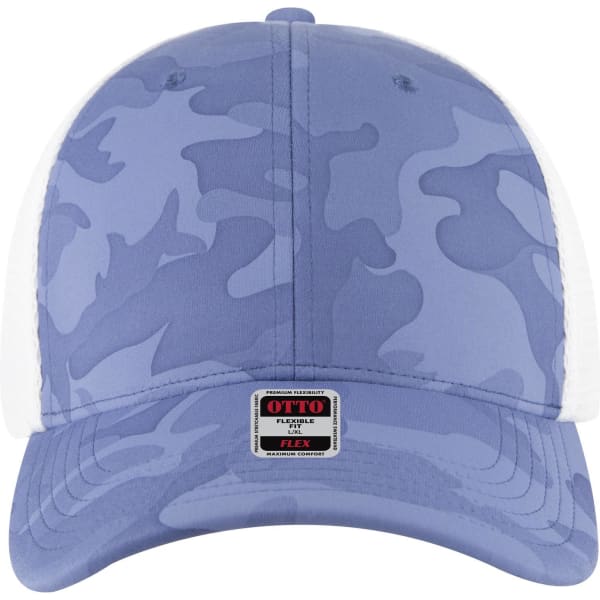 A low-profile trucker cap in blue camouflage with a white mesh back and a logo on the front.