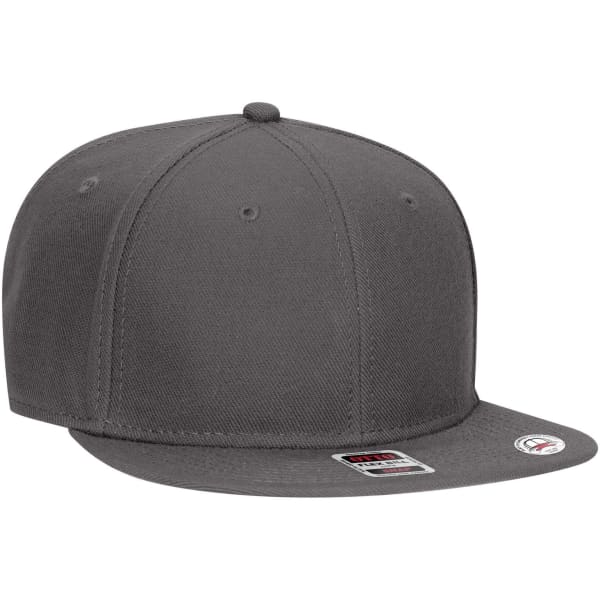 A grey six-panel mid-profile snapback cap featuring a flat brim and a logo.