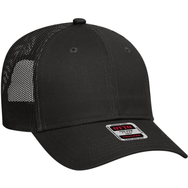 A black 6 panel low profile trucker cap with a mesh back and a logo on the front.