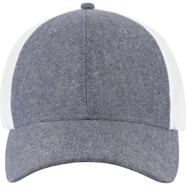 A grey low-profile trucker cap featuring a dark grey front and white mesh back, complete with a logo.