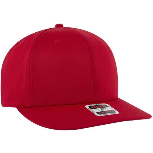 A red 6 panel pro style snapback hat with a flat brim and adjustable strap, featuring a logo.