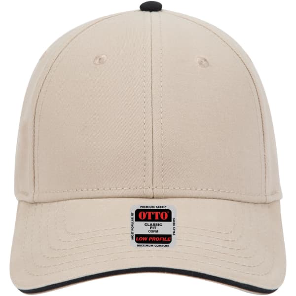 A beige 6 panel low profile baseball cap with an adjustable back and a logo label at the front.