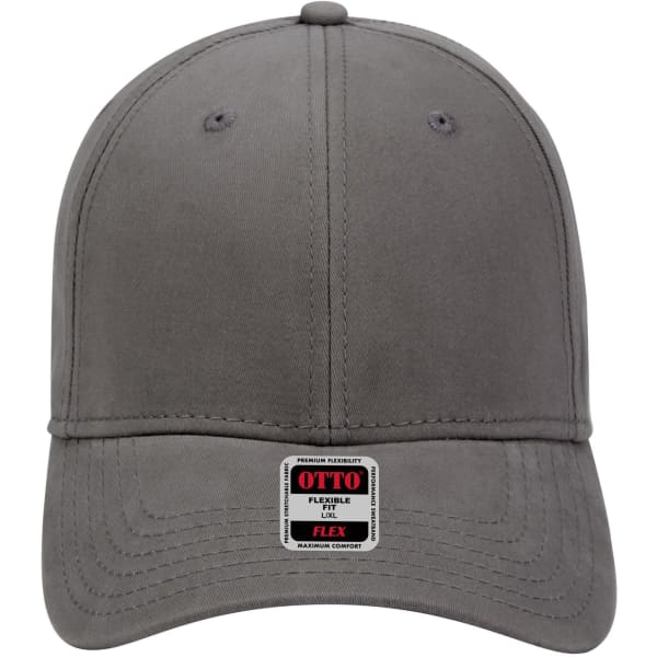 A grey 6 panel low profile baseball cap with a flexible fit and a logo at the front.