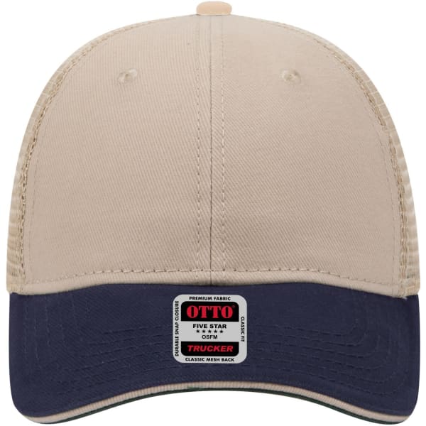 A beige and navy 6 panel low profile trucker cap with a branded label on the front.