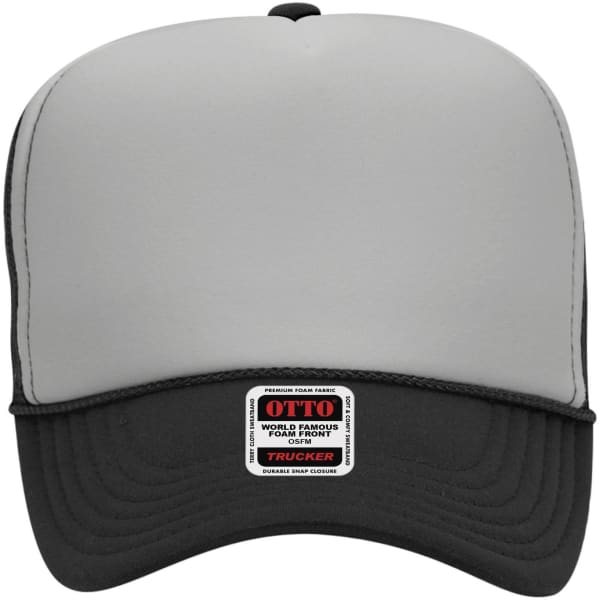 A high crown trucker cap in grey and black with an adjustable back and a logo on the front.
