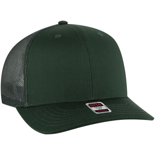 A green 6 panel mid profile trucker cap featuring a mesh back and a subtle brand logo.