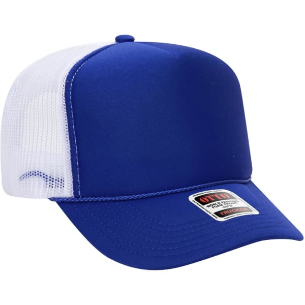A blue 5 panel high crown trucker cap with a mesh design at the back and a branded label on the front.