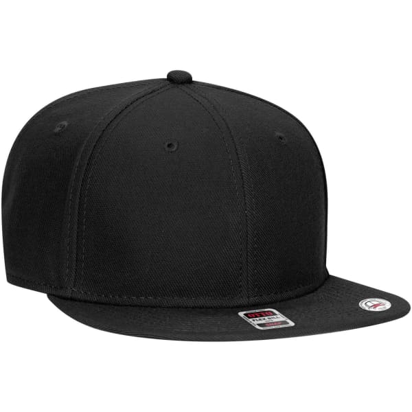 A black six-panel mid-profile snapback cap with a grey undervisor, featuring a branded logo.