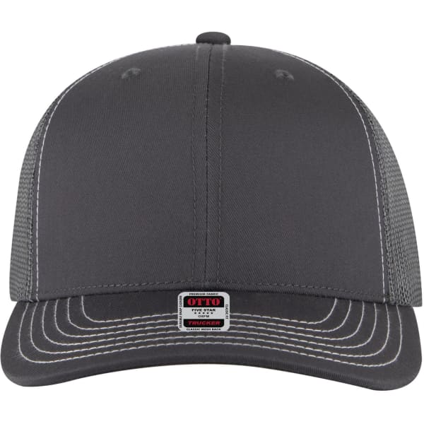 A grey 6-panel mid-profile trucker cap with a mesh back and a logo on the front.