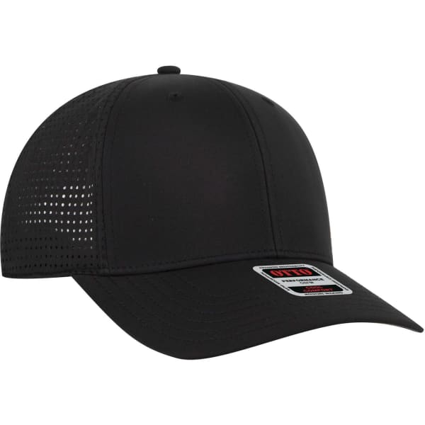 A black six-panel mid-profile baseball cap with a mesh side and a branded tag.