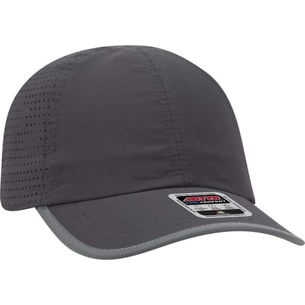 A grey reflective six-panel running cap with a slightly curved brim and a logo on the side.
