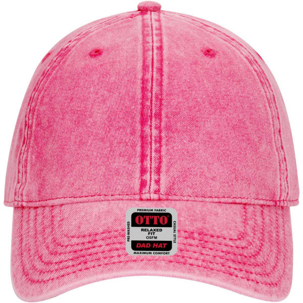 A pink 6 panel low profile dad cap made from premium fabric, featuring a logo on the front.