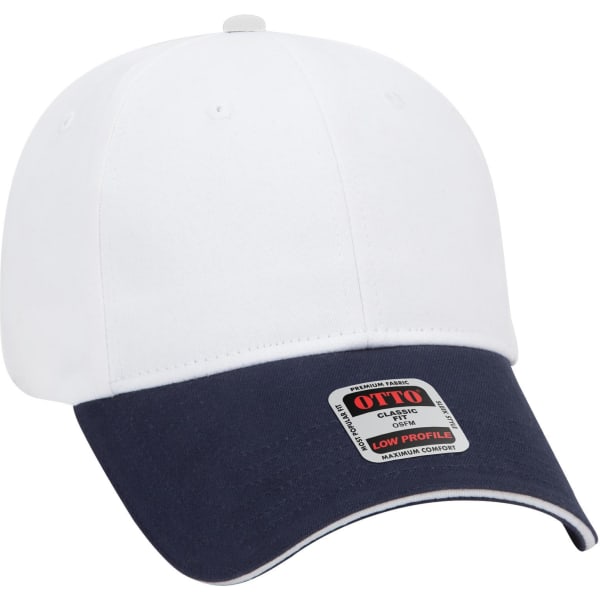 A low profile baseball cap featuring a white top and a navy blue visor, with a logo on the side.