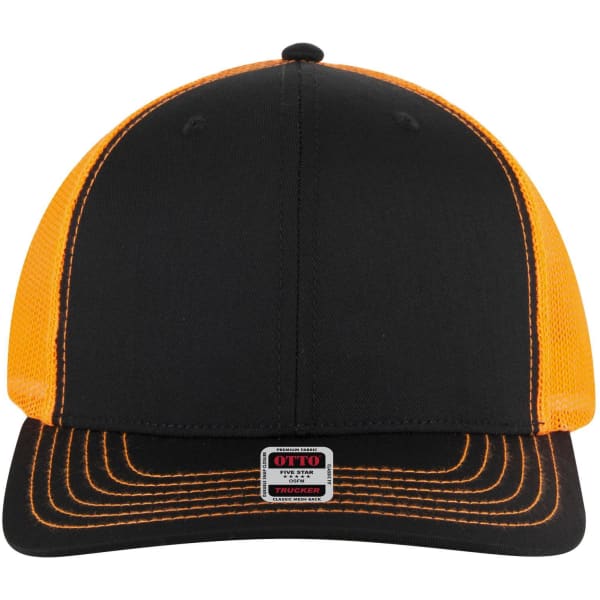 A black and orange six-panel mid-profile trucker cap featuring mesh sides and a logo badge on the front.