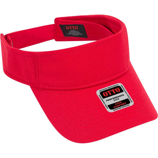A red sun visor with a wide brim and adjustable strap. It has a logo and label on the inside.