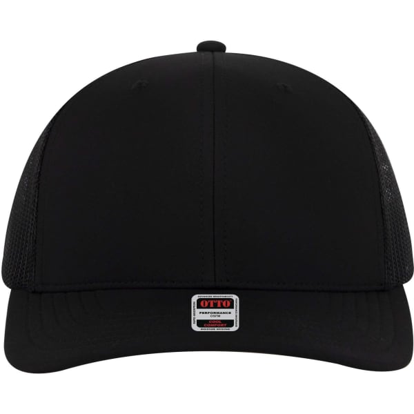 A black Mid Profile Trucker Cap with mesh panels and a branded label on the front.