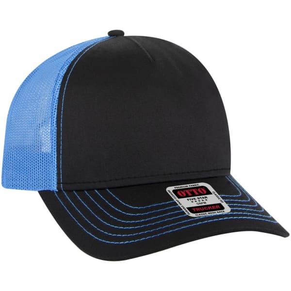 A black and blue 5 panel low profile trucker cap with a mesh back and a logo on the front.