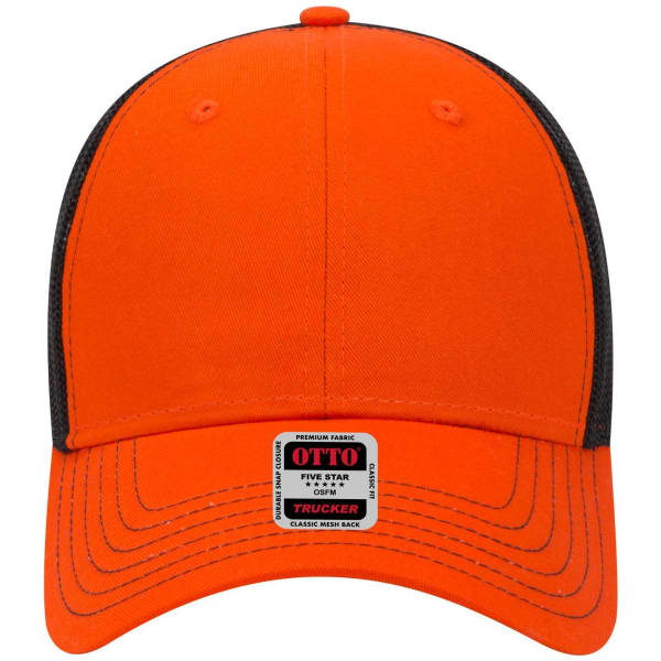 An orange low profile trucker cap with a black mesh backing and a branded label on the front.