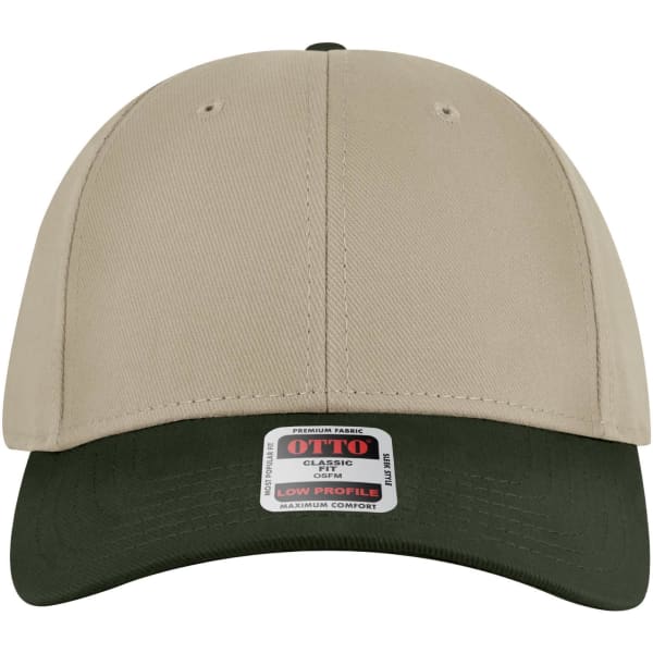 A low-profile 6 panel baseball cap featuring a beige crown and dark green brim, with a logo on the front.